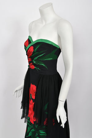 1950's Howard Greer Couture Red Roses Silk Strapless High-Low Gown & Shawl