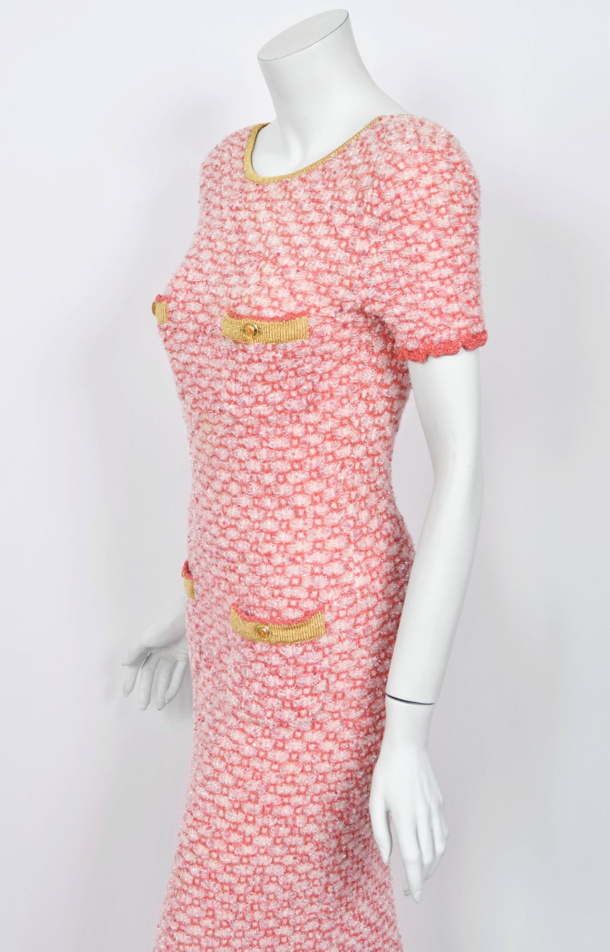 1997 Chanel by Karl Lagerfeld Runway Metallic Pink Stretch Knit Maxi Dress
