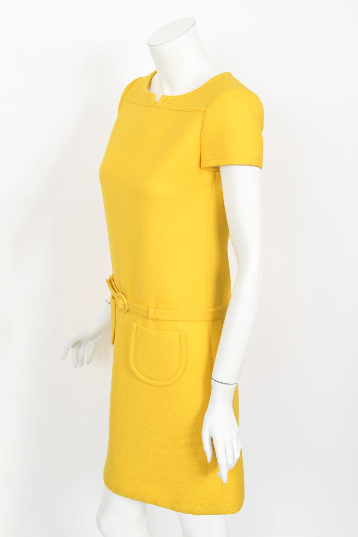 1968 André Courrèges Couture Yellow Wool Belted Space-Age Mod Dress