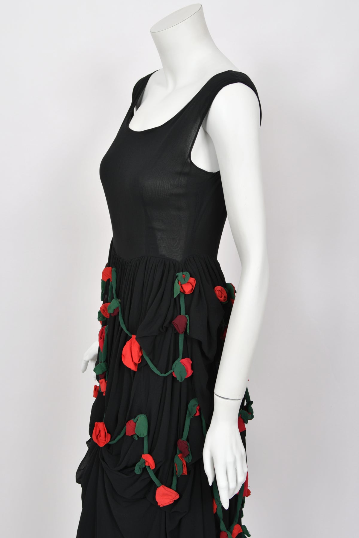 1990 Dolce &amp; Gabbana Black Silk Chiffon Red-Roses Floral Appliqué Dress