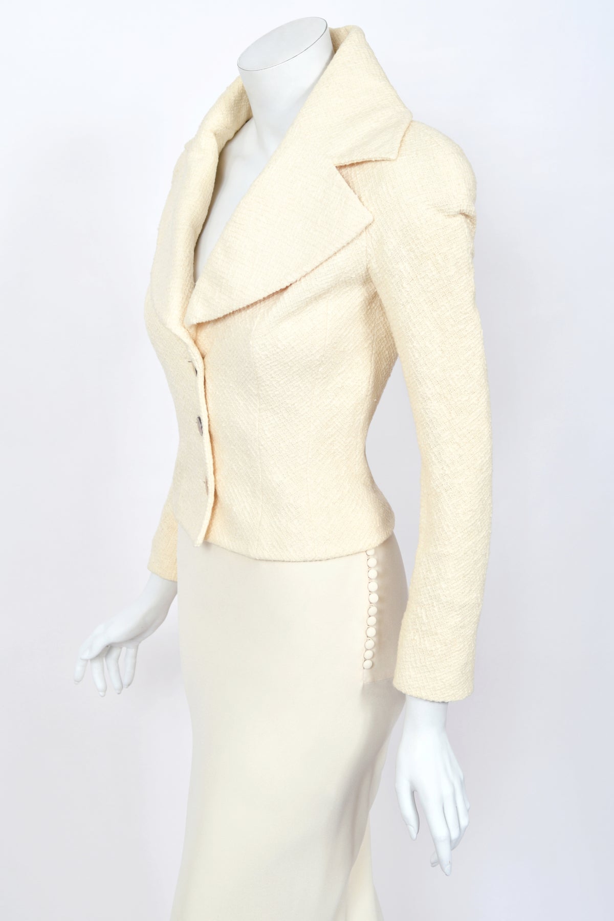 1998 John Galliano 'Haut Bohème' Collection Ivory Fitted Textural Jacket & Bias-Cut Maxi Skirt Set
