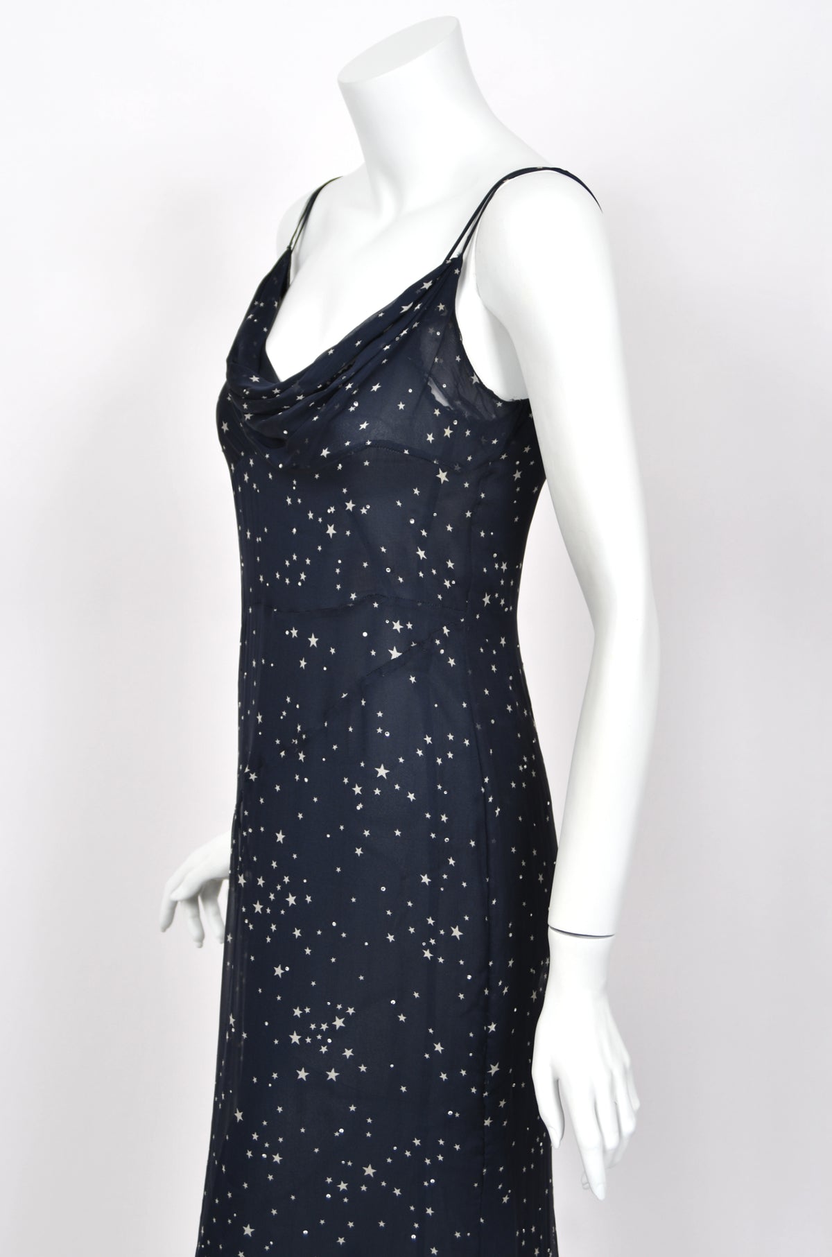 1998 Moschino Runway Navy Blue Sheer Silk Chiffon Star Motif Rhinestone Maxi Slip Dress