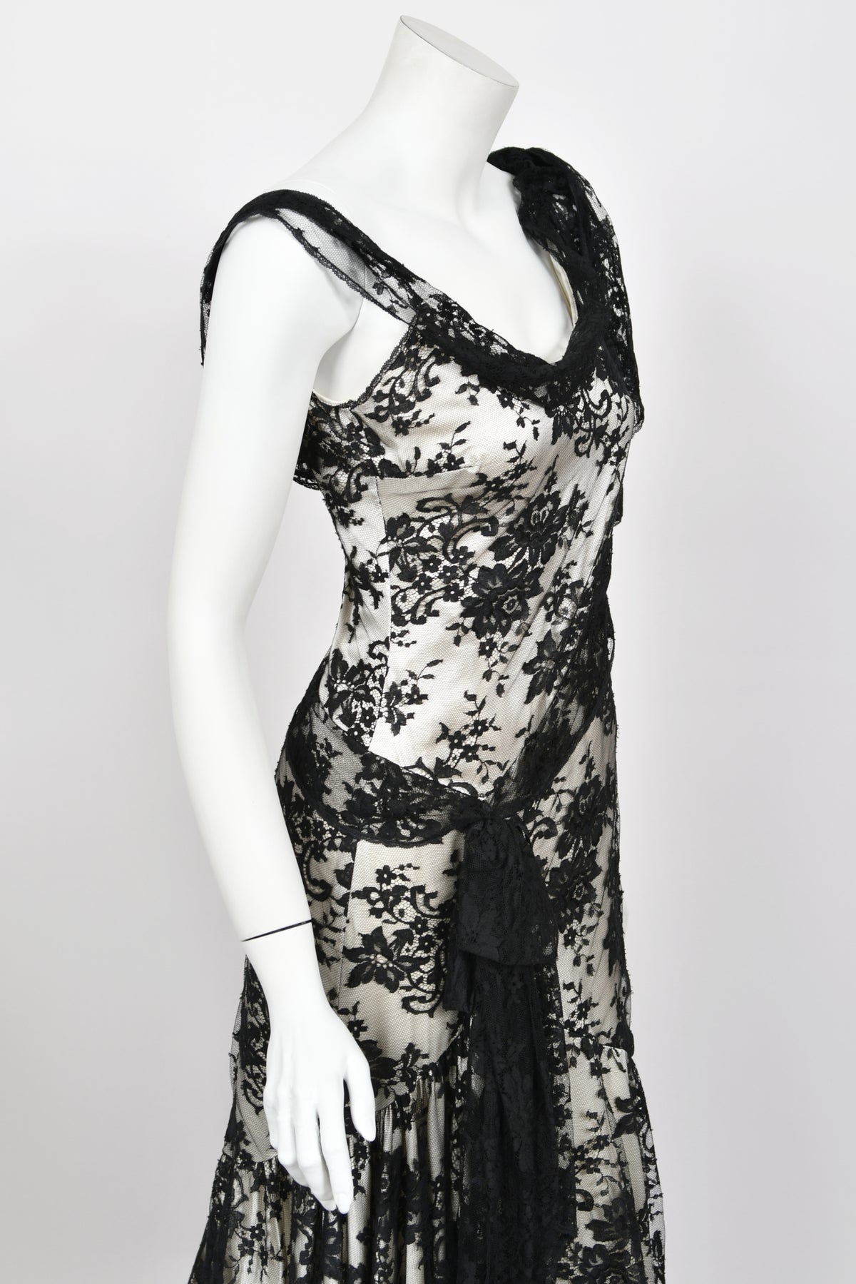 2005 Christian Dior by John Galliano Black Lace &amp; Ivory Silk Trained Bias-Cut Gown