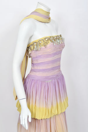 1950 Carven Haute Couture for Cécile Aubry Lilac Yellow Ombré Silk Corset Strapless Hooded Gown