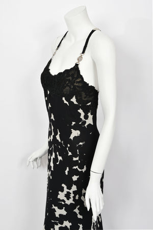 1996 Gianni Versace Couture Documented Black White Silk Lace-Bust Lingerie Gown