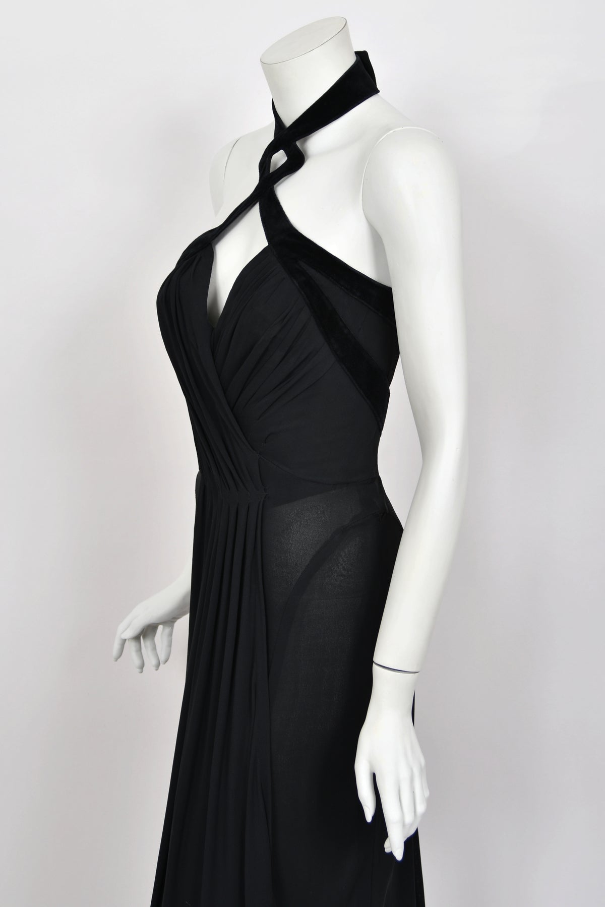1998 Thierry Mugler Runway Black Silk-Jersey &amp; Velvet Bustier Cut-Out Halter Gown