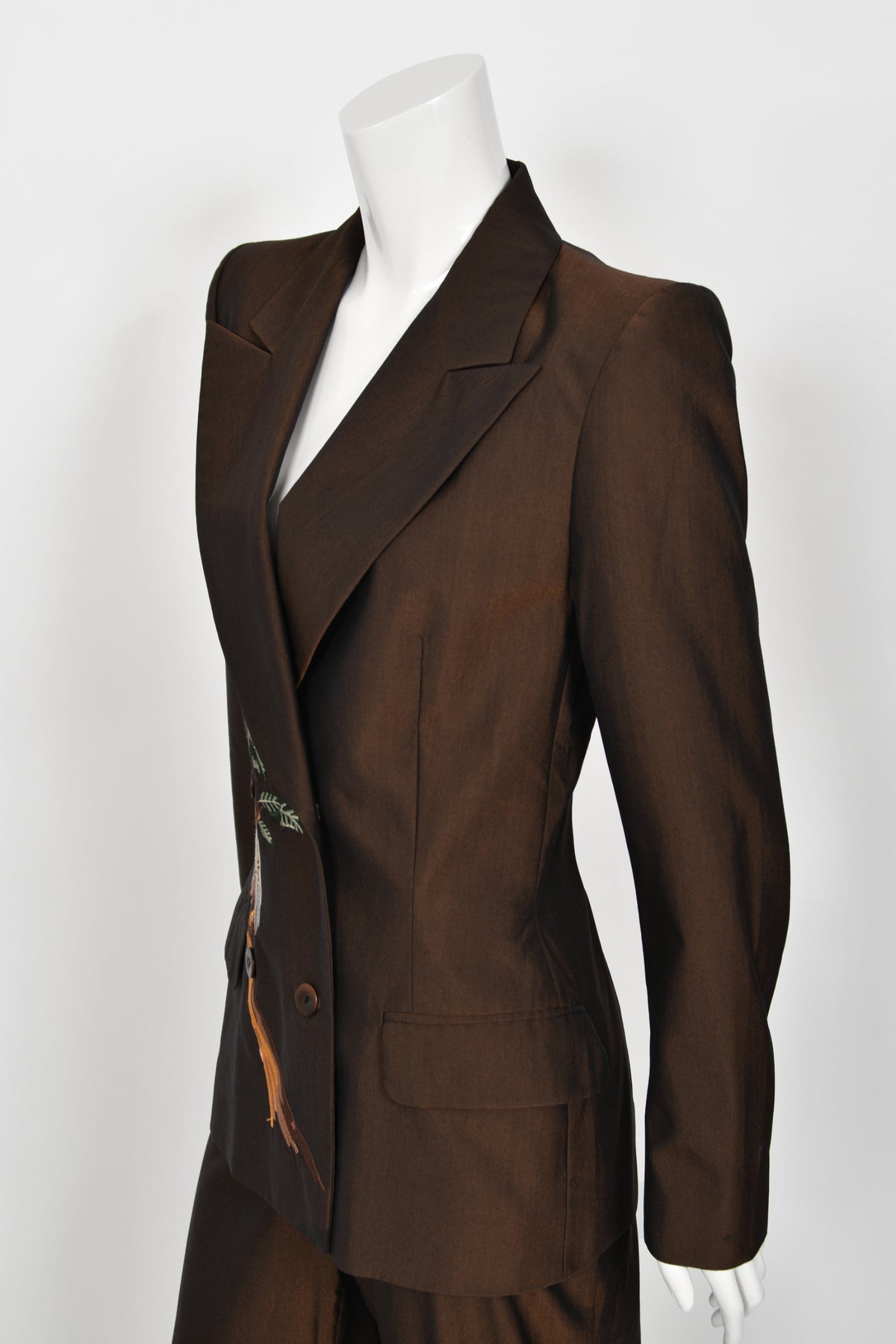 1998 Alexander McQueen for Givenchy Brown Wool Embroidered Birds Blazer Pantsuit
