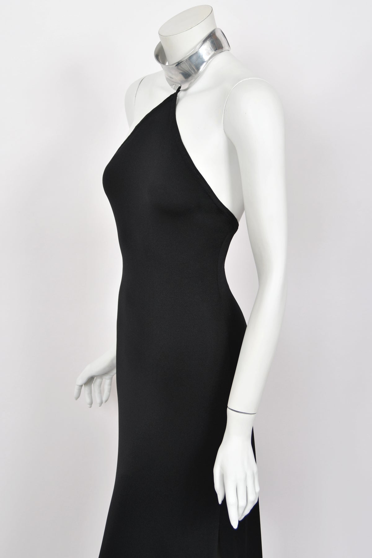 1975 Rudi Gernreich Documented Metal-Collar Black Jersey High-Slit Maxi Dress