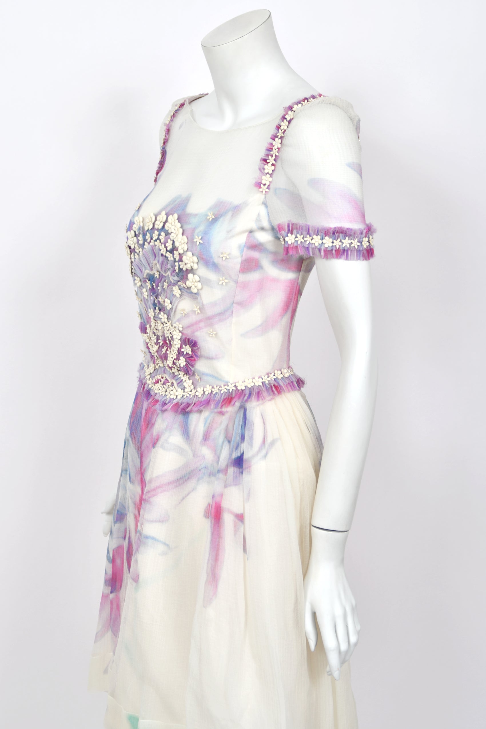 2013 Chanel by Lagerfeld Beaded Ivory Floral Silk Mini Dress w