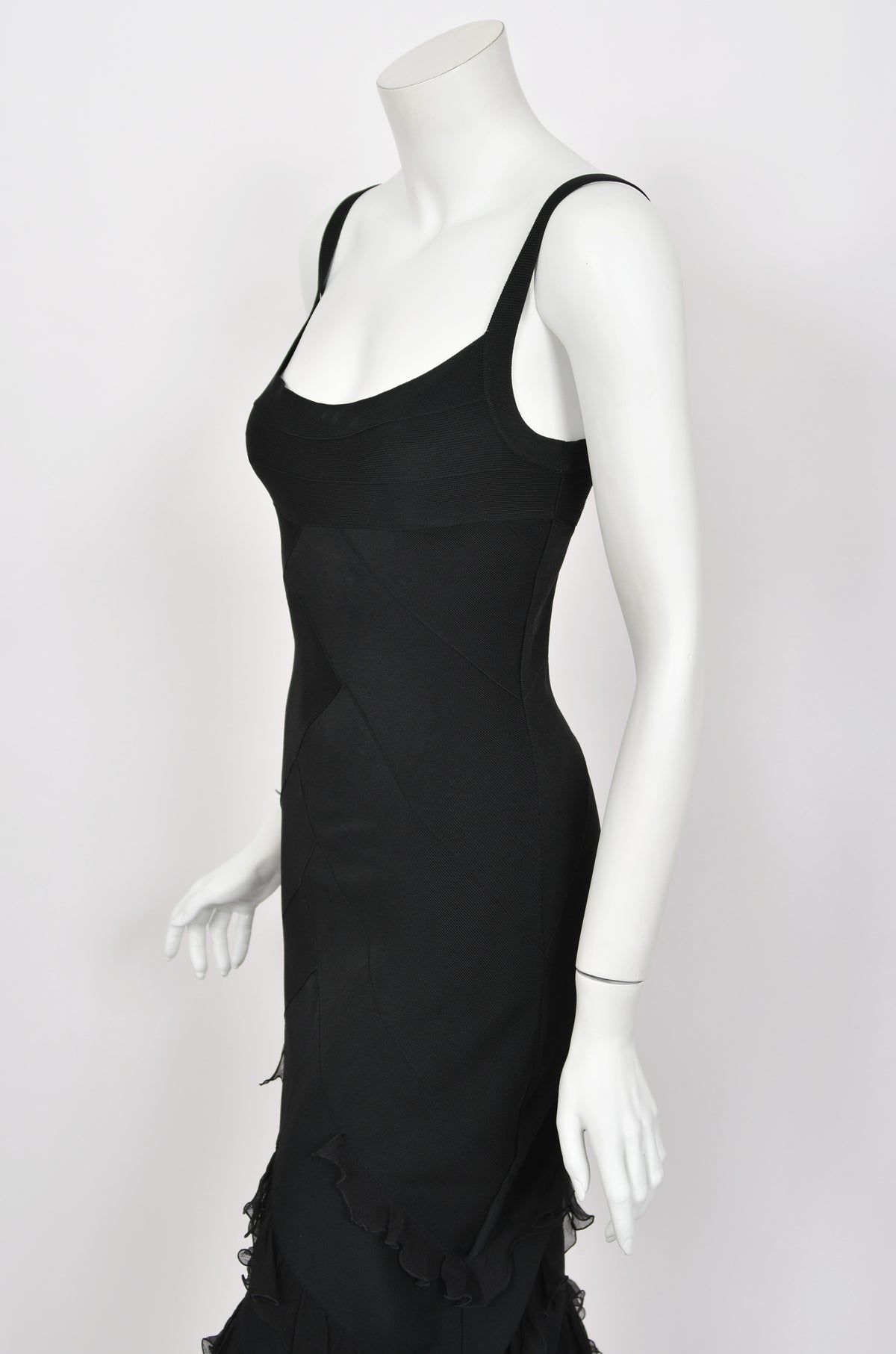 2004 Christian Dior by John Galliano Black Stretch Knit Ruffle-Hem Hourglass Dress