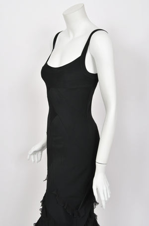 2004 Christian Dior by John Galliano Black Stretch Knit Ruffle-Hem Hourglass Dress