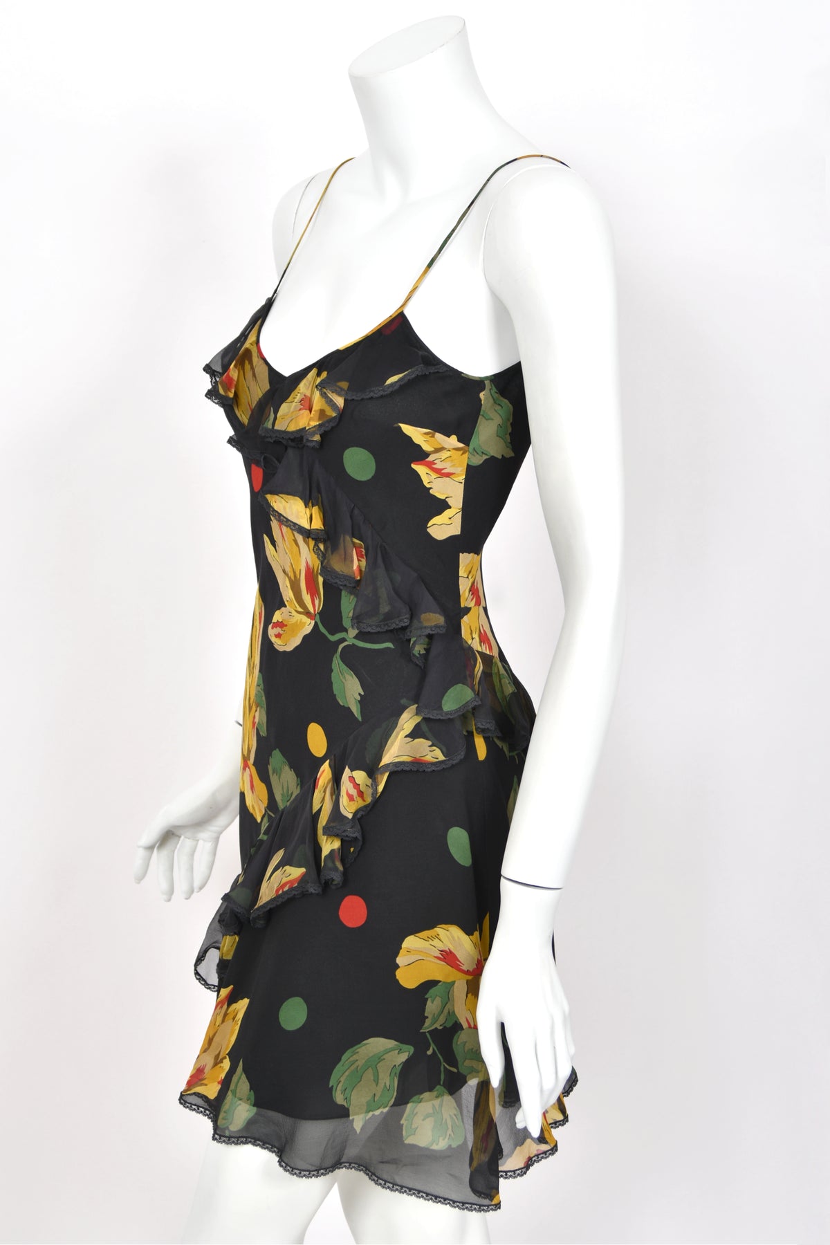 2004 John Galliano Large Scale Deco Floral Chiffon & Lace Bias-Cut Slip Dress