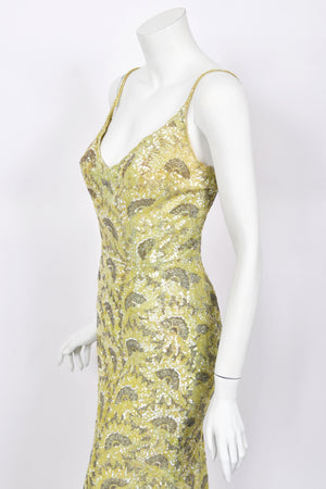 1950's Jacqueline Paris Couture Chartreuse Fully-Beaded Backless Hourglass Gown