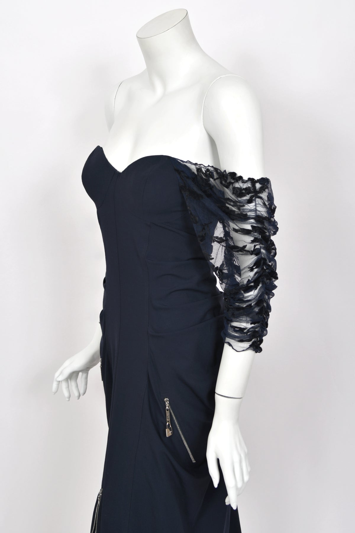 2004 Christian Dior by John Galliano Navy Stretch Silk Sheer-Sleeves Hourglass Dress