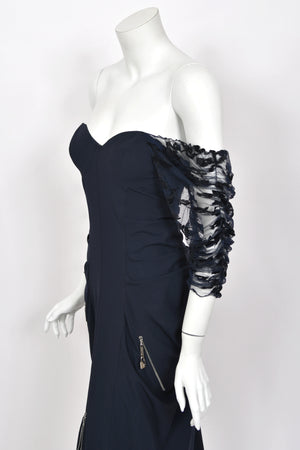 2004 Christian Dior by John Galliano Navy Stretch Silk Sheer-Sleeves Hourglass Dress