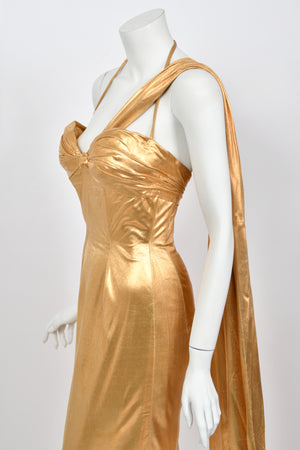 1950's Yma Sumac Custom Couture Old Hollywood Metallic Gold Hourglass Trained Dress