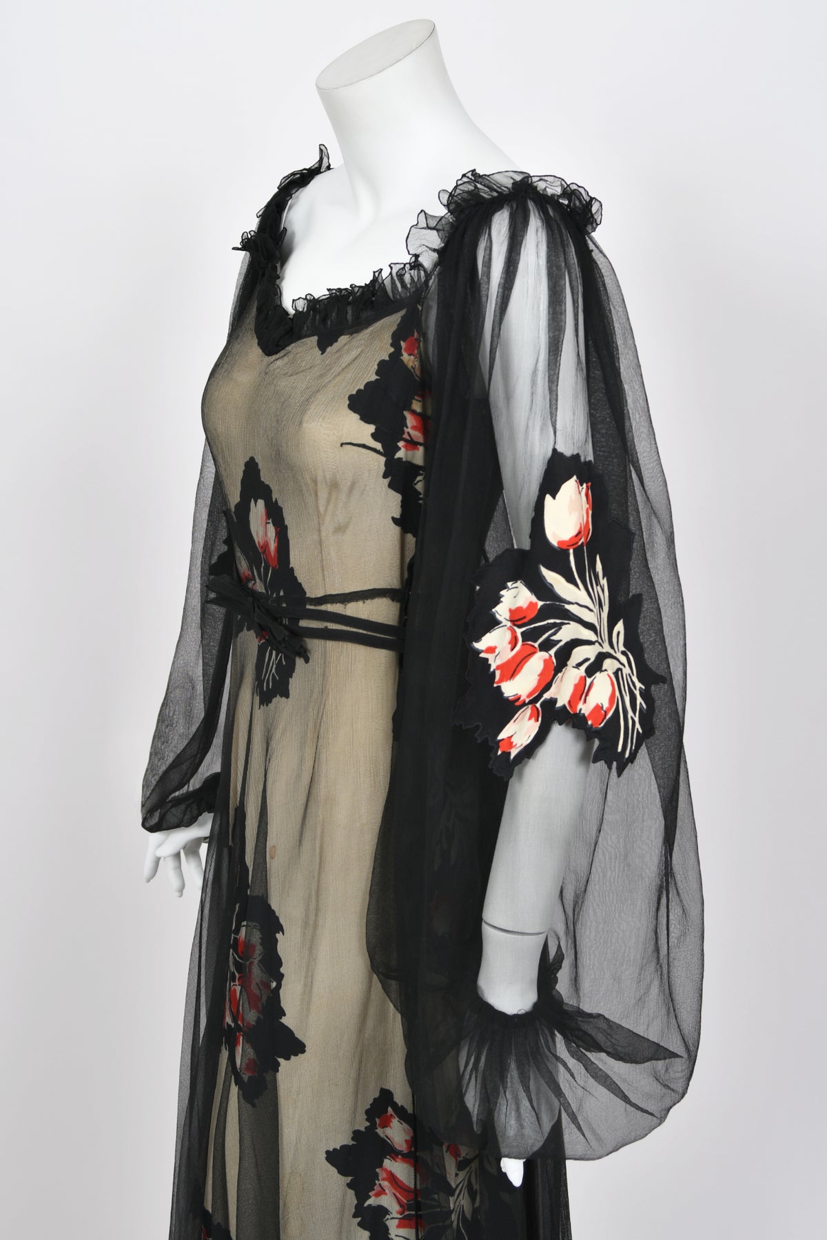 1936 Ginger Rodgers for Lettie Lee ‘Old Hollywood’ Floral Silk Appliqué Billow Sleeve Dress