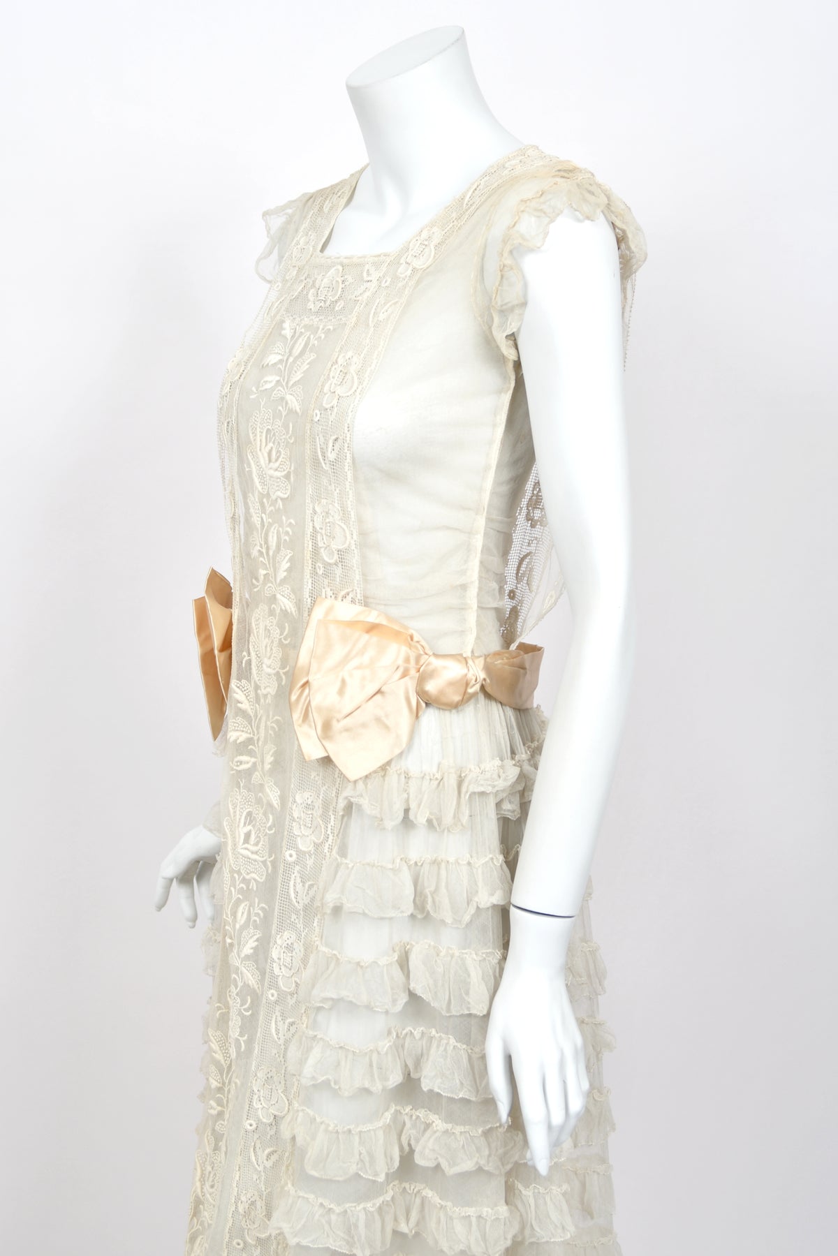 1920's Sheer Ivory Embroidered Floral Motif Net-Tulle Tiered Ruffle 'Robe de Style' Dress