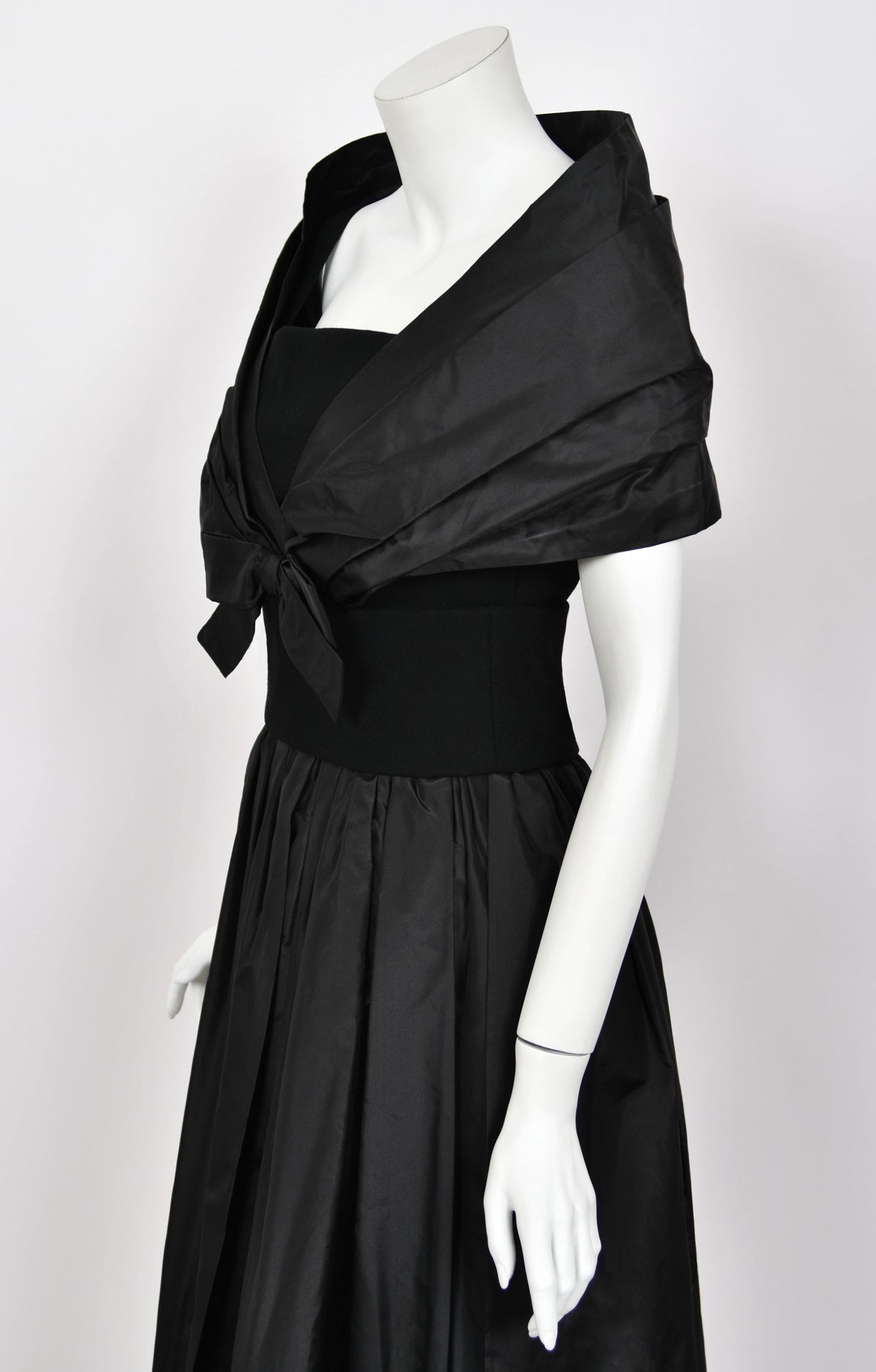 1956 Christian Dior Demi-Couture Black Silk Portrait Collar Skirted Cocktail Dress