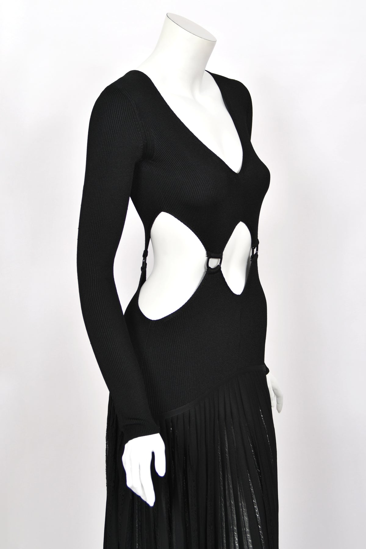 2018 Roberto Cavalli Runway Black Stretch Knit Long Sleeve Cut-Out High Slit Maxi Dress