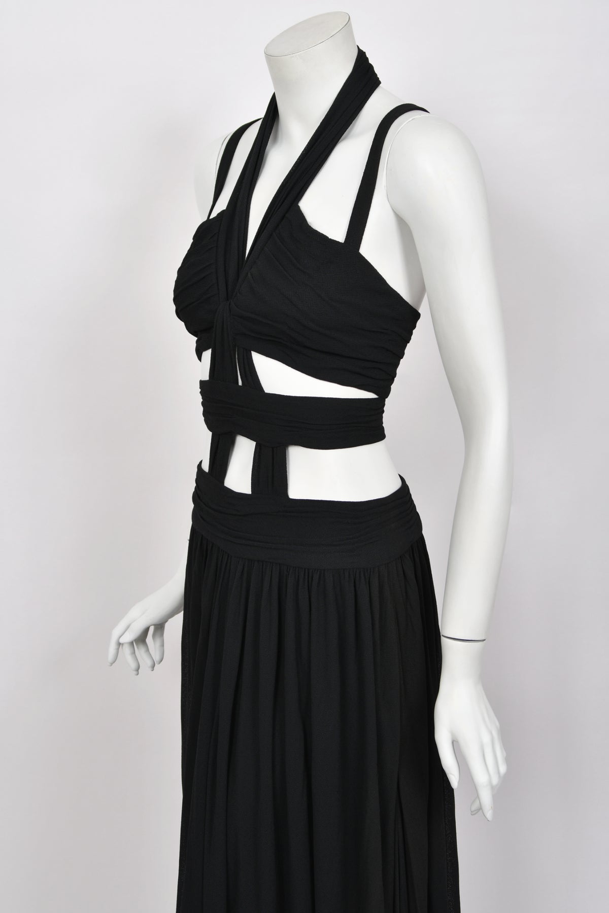 1995 Chanel by Karl Lagerfeld Iconic Runway Campaign Black Cut-Out High Slit Maxi Dress