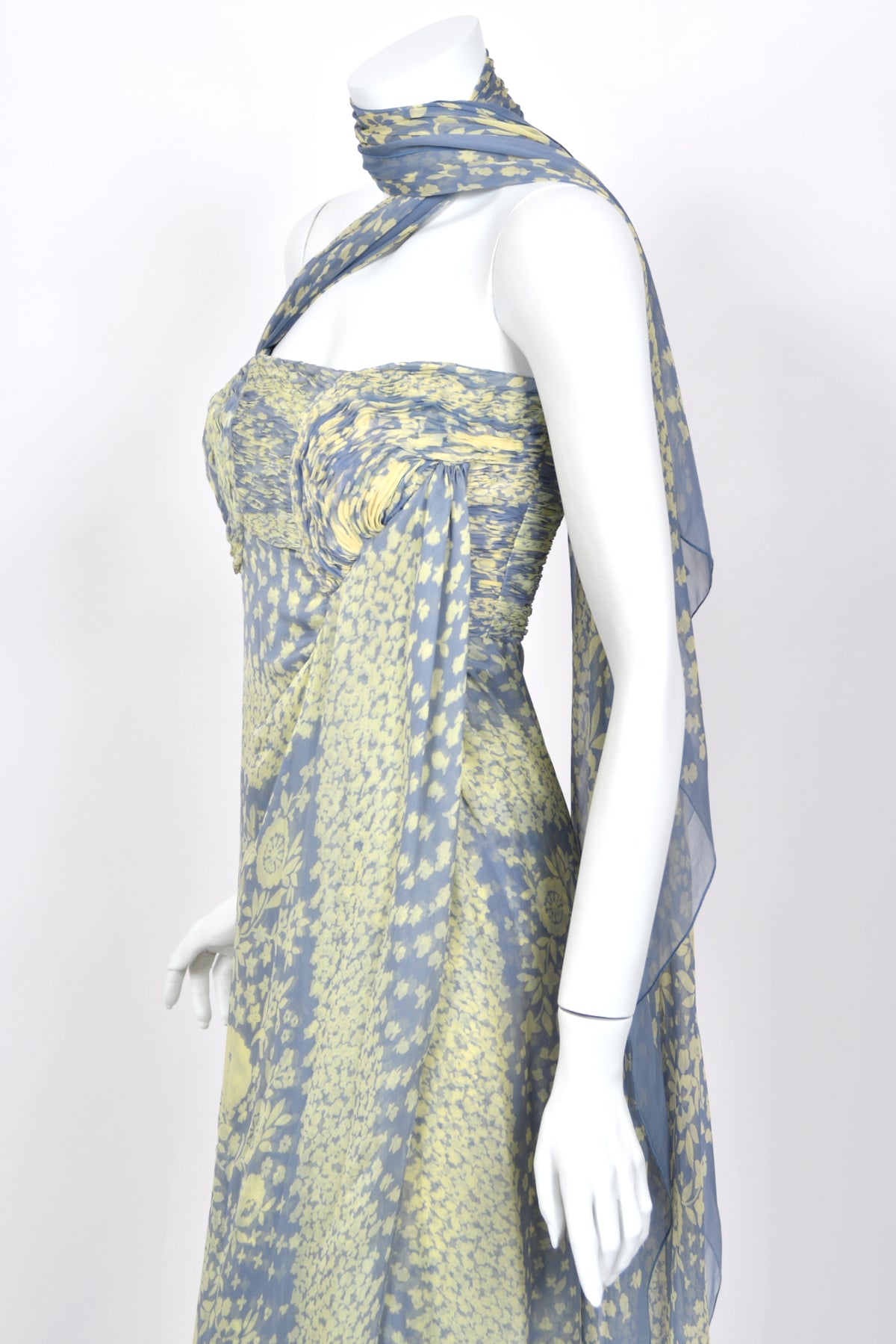 1995 Valentino Runway Periwinkle & Yellow Floral Print Silk Ruched Strapless Draped Gown