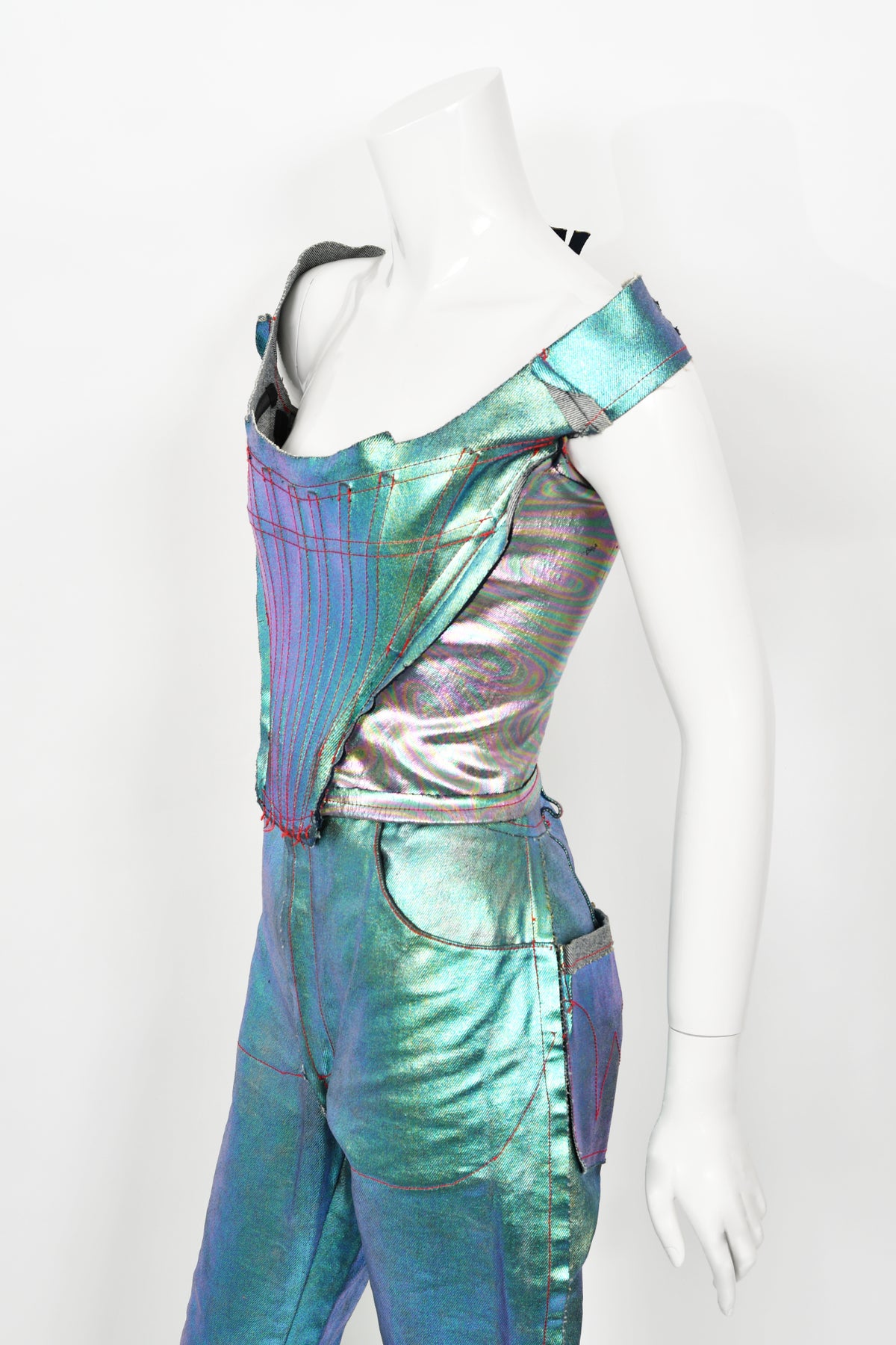 1993 Vivienne Westwood Runway Metallic Denim Corset Bustier Top &amp; Pants