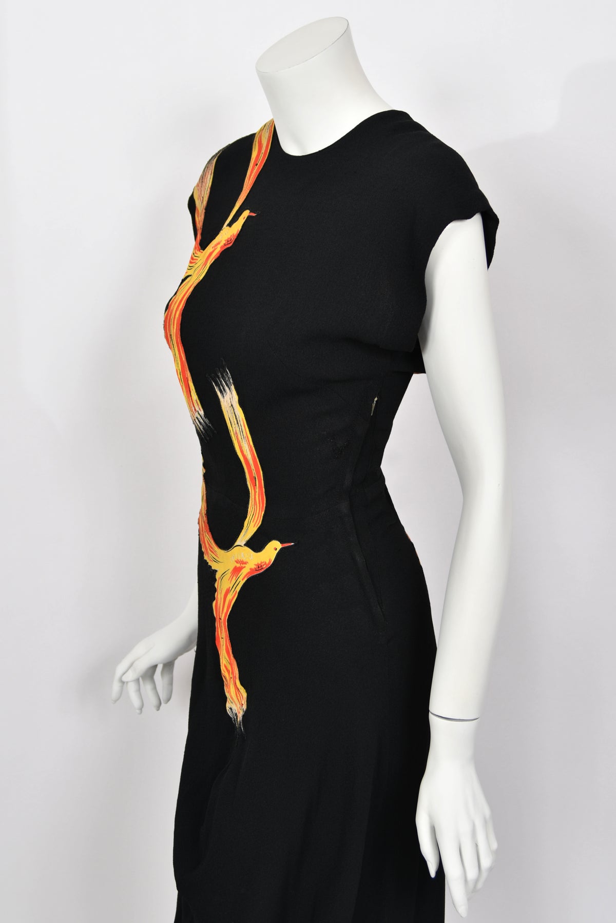 1946 Jourdelle of Hollywood Documented Novelty Firebirds Black Crepe Draped Gown