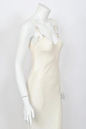 2004 John Galliano Ivory Satin Crystal Accented Bias-Cut Trained Bridal Gown