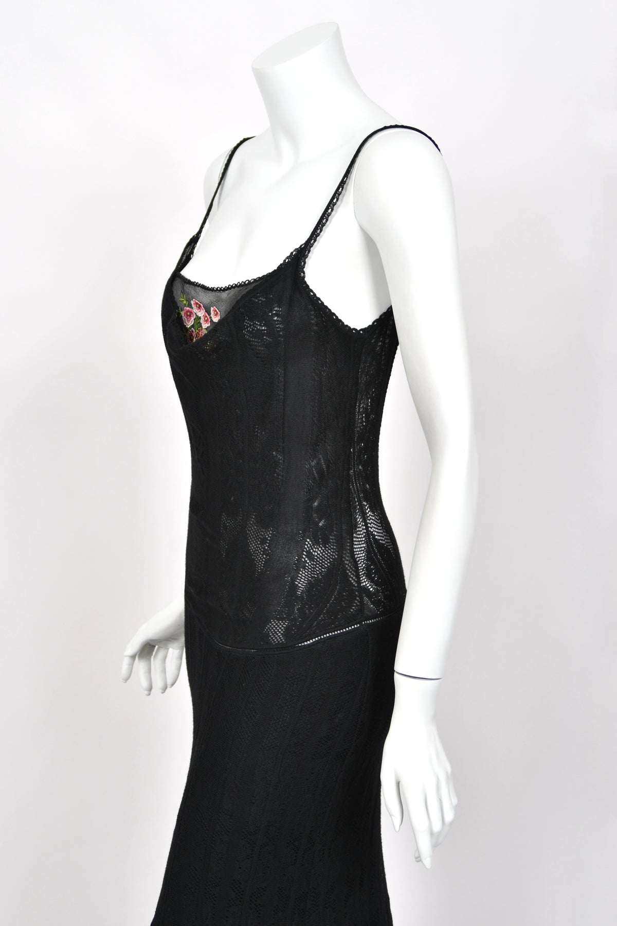 2003 John Galliano Embroidered Floral Sheer Black Pointelle Stretch Knit Bias-Cut Gown