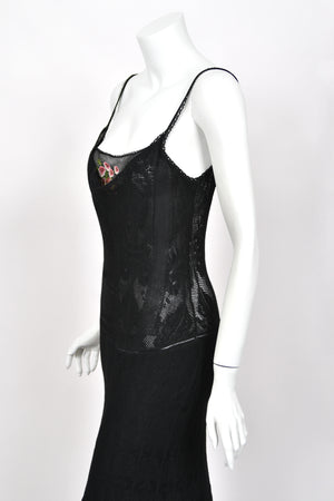 2003 John Galliano Embroidered Floral Sheer Black Pointelle Stretch Knit Bias-Cut Gown