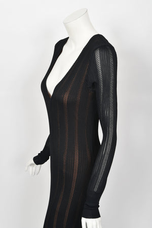 1996 Azzedine Alaia Black Nude-Illusion Knit Bodycon Floor Length Gown