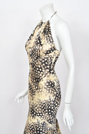 2004 Roberto Cavalli Feather Print Silk Halter Cut-Out Tiered Ruffle Bias-Cut Gown