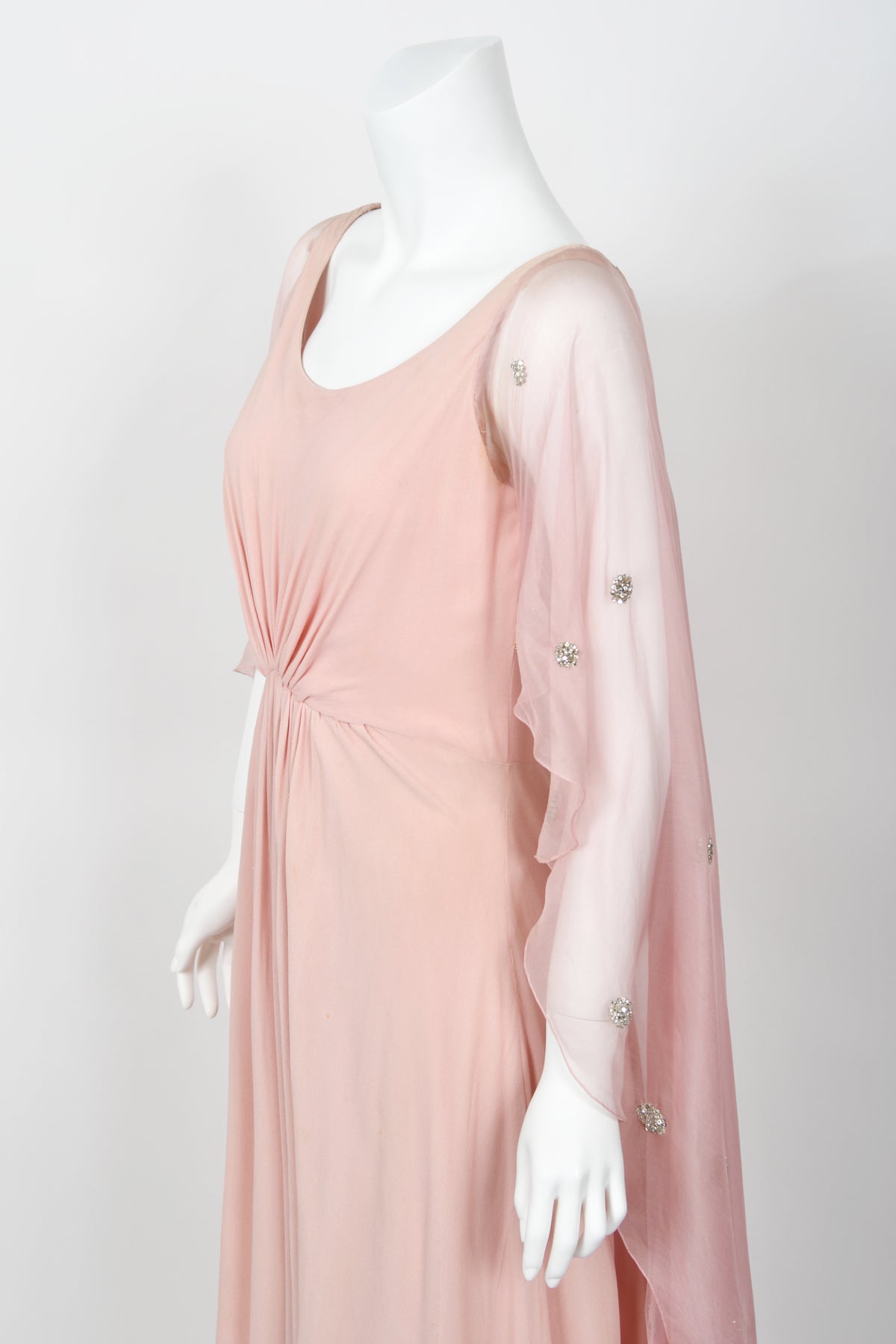 1974 Valentino Haute Couture Pale-Pink Beaded Crystal Silk Winged Cape Gown