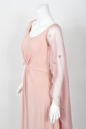 1974 Valentino Haute Couture Pale-Pink Beaded Crystal Silk Winged Cape Gown