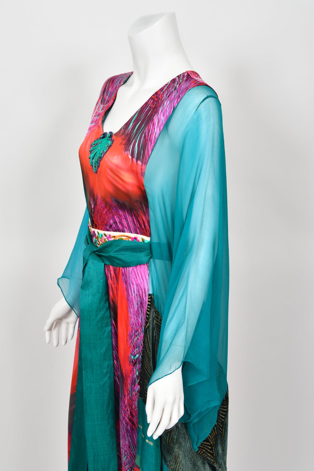 1970 Thea Porter Couture Colorful Patchwork Sheer Silk Bohemian Abaya Caftan