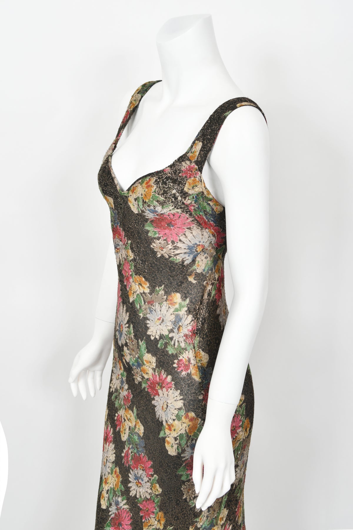 1930&#39;s Colorful Metallic Floral Motif Lamé Cut Out Back Hourglass Bias-Cut Gown