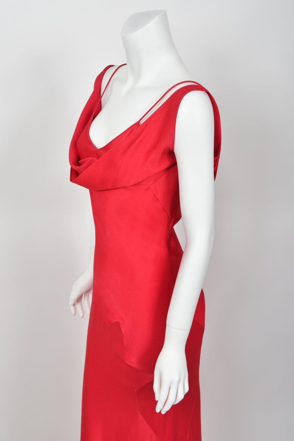 1994 John Galliano Ruby Red Off Shoulder Bias-Cut Gown Worn by Raquel Welch