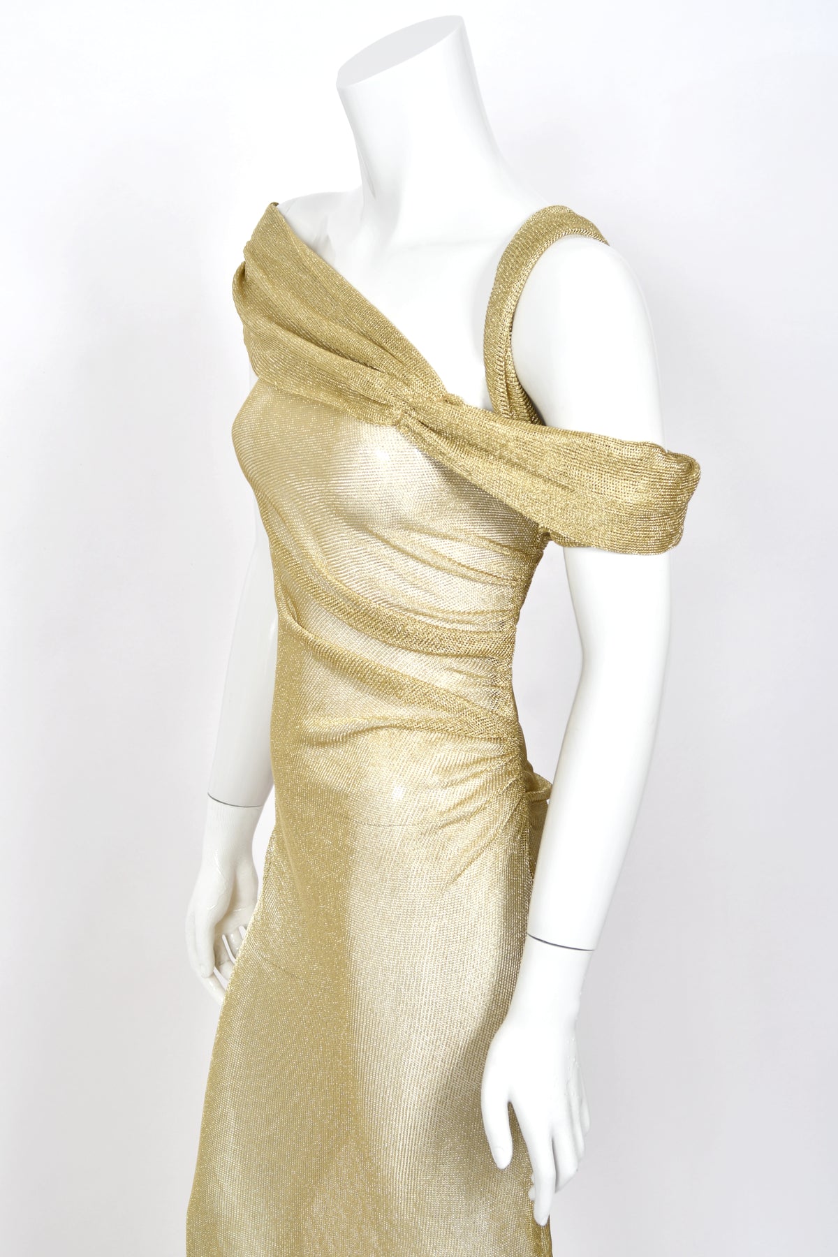 1999 Christian Dior by John Galliano Metallic Gold Sheer Mesh Asymmetric Maxi Gown