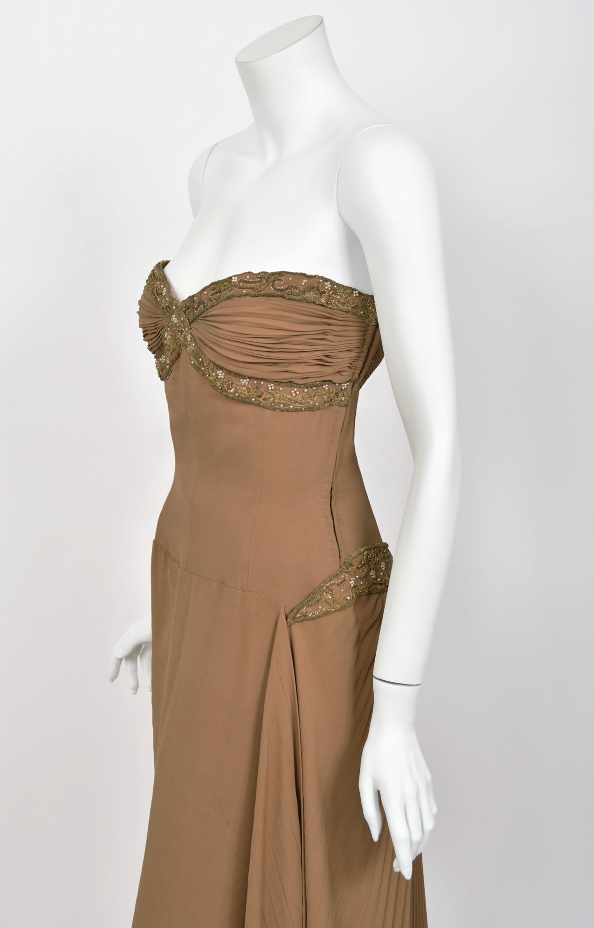 1950&#39;s Germana Marucelli Italian Couture Mocha Silk Pleated Strapless Gown