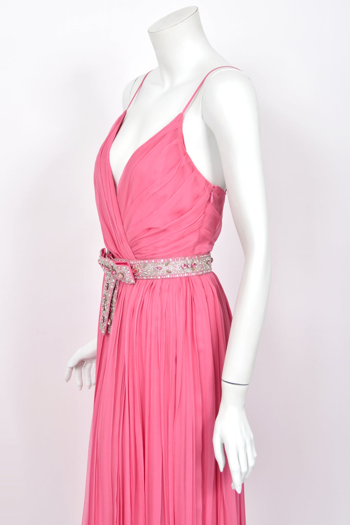 2008 Christian Dior by John Galliano Resort Pink Silk Low-Cut Jeweled Belt Pleated Gown