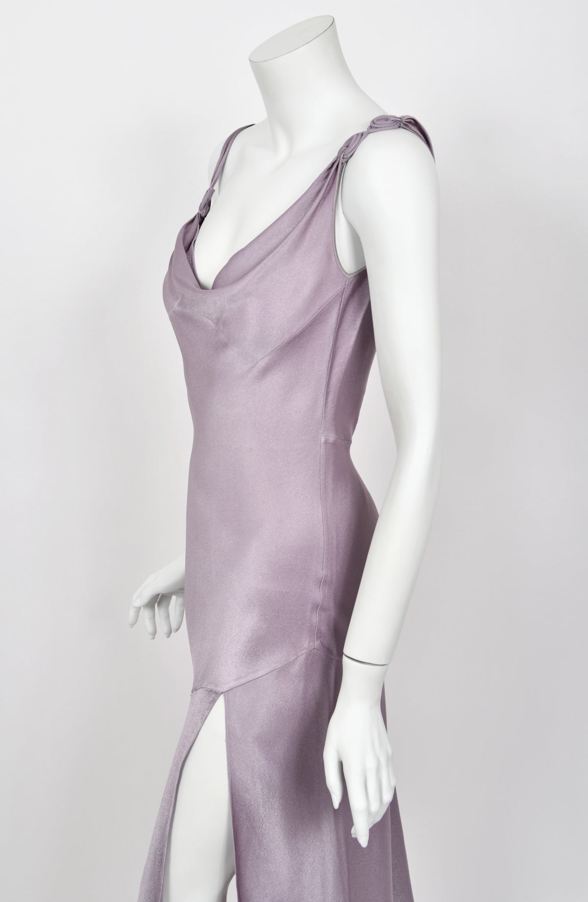 2000 John Galliano Lilac Satin Asymmetric Draped High Slit Bias-Cut Slip Dress