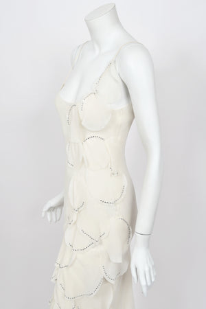 1990 Angelo Tarlazzi Paris Couture Ivory Silk Rhinestone Petals Bias-Cut Trained Gown
