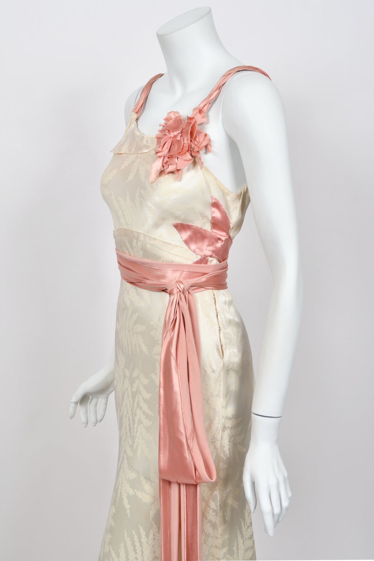 1930’s Ivory Leaf Motif & Blush Pink Silk Satin Floral Appliqué Bias-Cut Trained Couture Gown