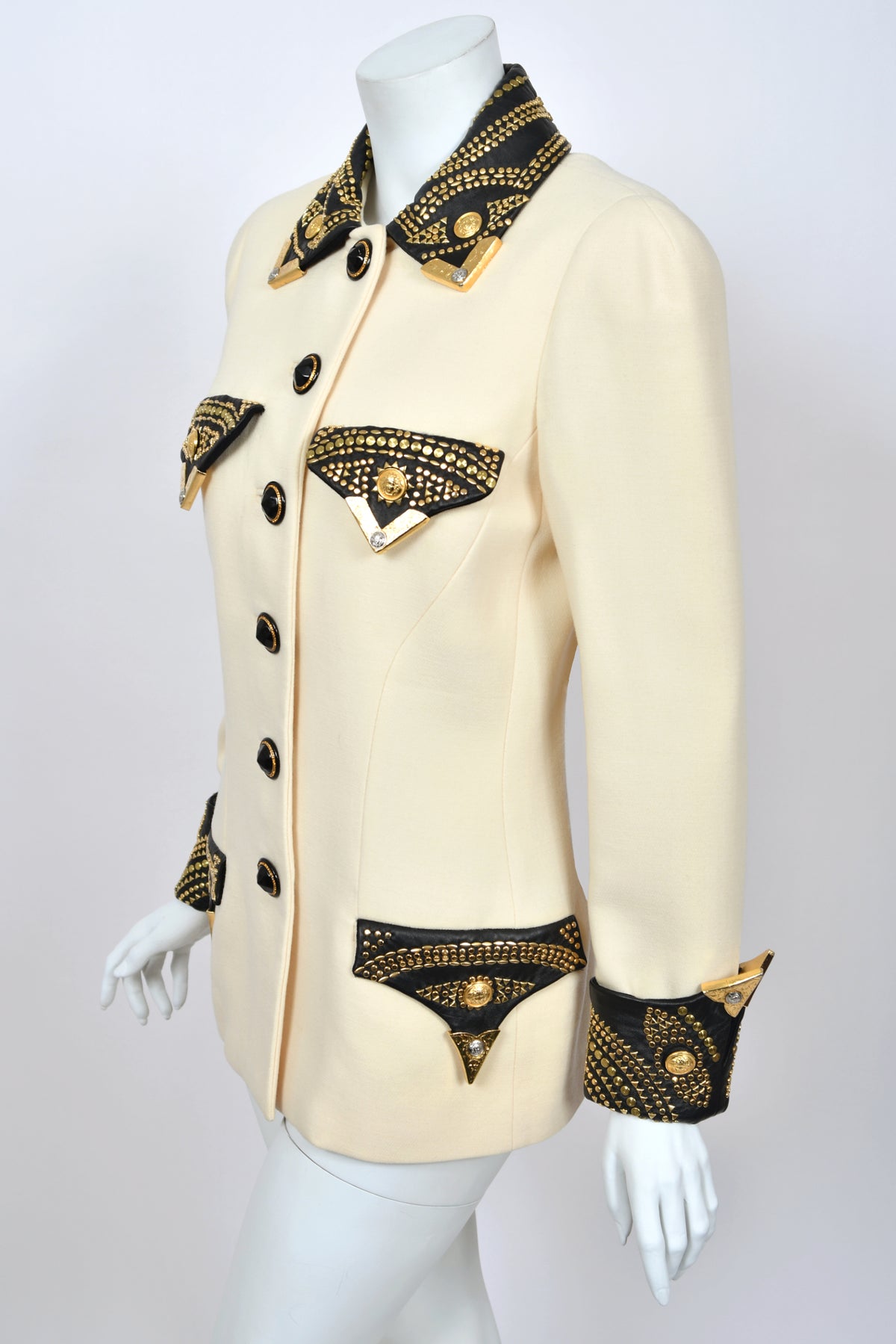 1992 Gianni Versace 'Miss S & M' Runway Collection Ivory Wool Studded Leather Editorial Jacket