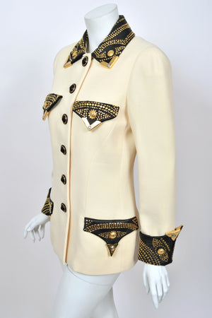 1992 Gianni Versace 'Miss S & M' Runway Collection Ivory Wool Studded Leather Editorial Jacket