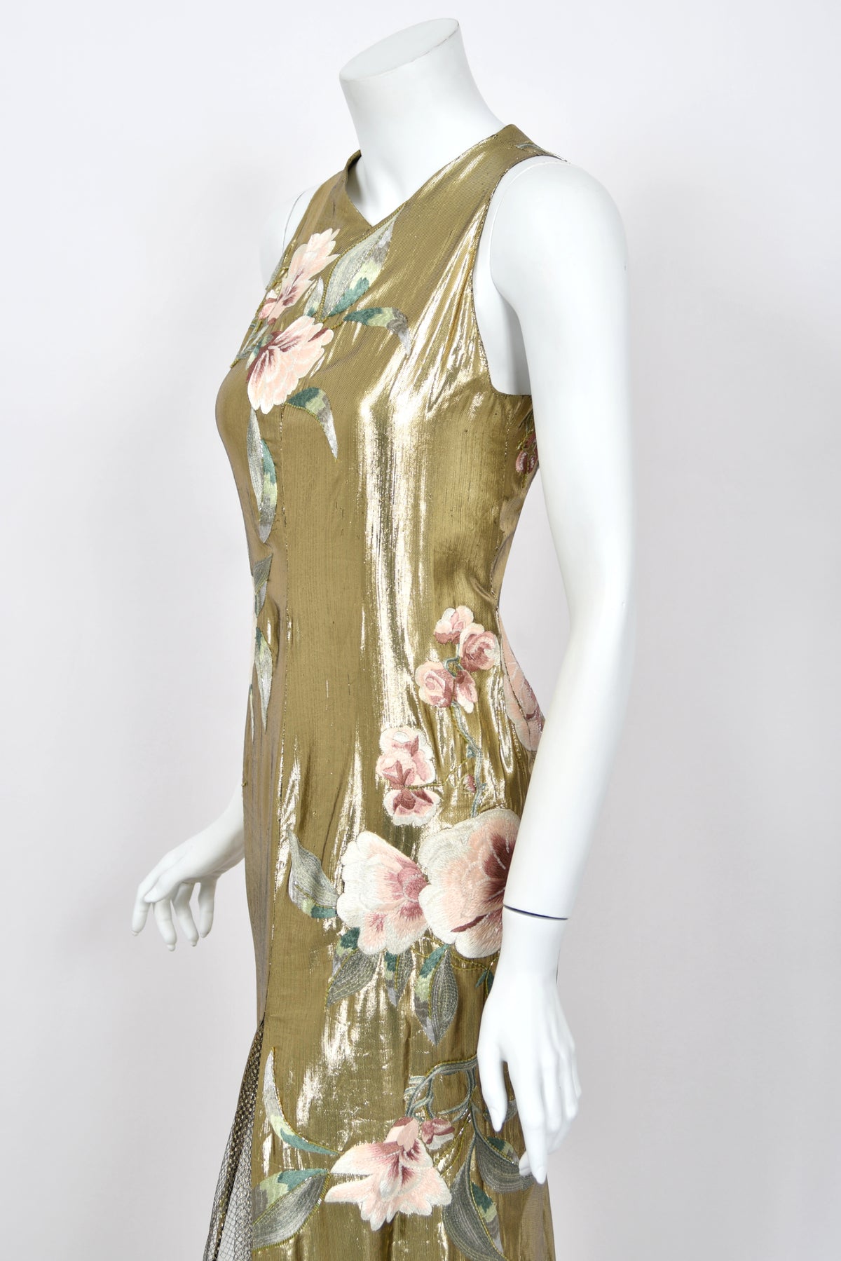 1997 Valentino Runway Metallic Gold Beaded Embroidered Floral Lamé Silk High Slit Column Gown