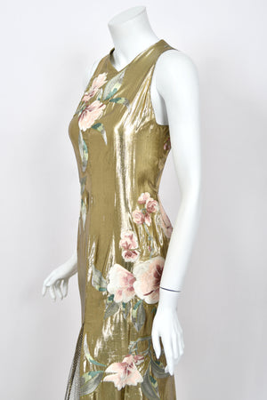 1997 Valentino Runway Metallic Gold Beaded Embroidered Floral Lamé Silk High Slit Column Gown