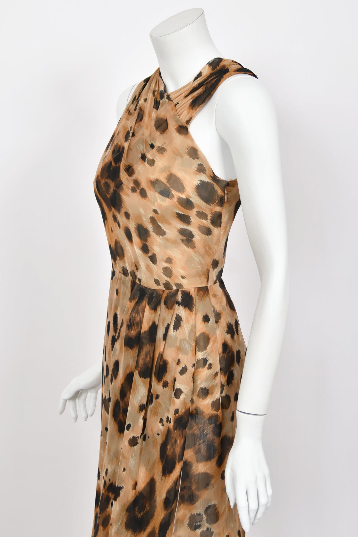 1996 Valentino Runway Editorial Leopard Print Sheer Silk Draped-Sash Gown