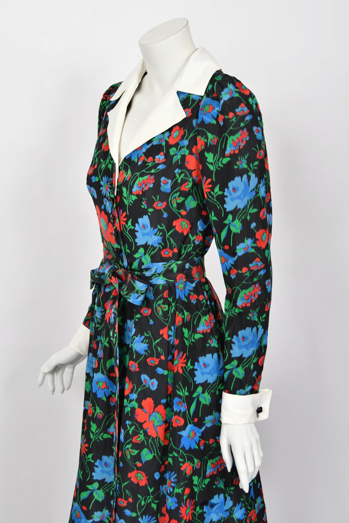 1972 Yves Saint Laurent Haute Couture Documented Floral Silk Collar Cuff Gown